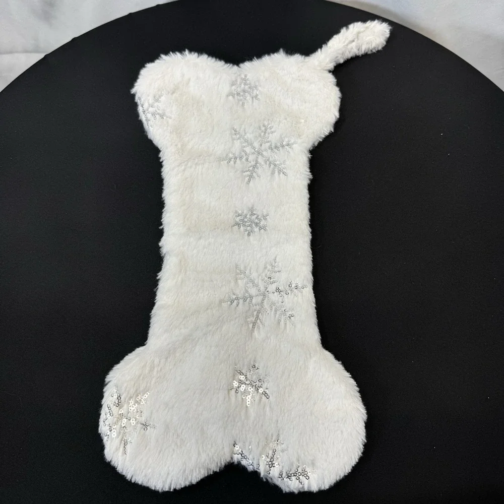 Dog Bone Holiday Stocking White With Silver‎ Snowflakes